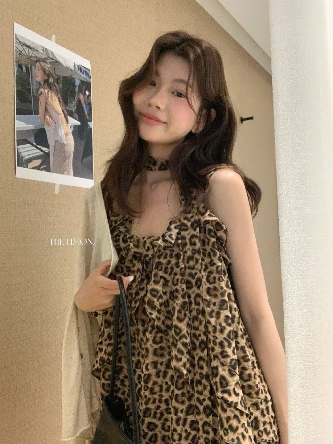 여름 새로운 레트로 레오파드 무늬 루즈핏 행침 목 리본 외출용 민소매 슬립 맨위 여성