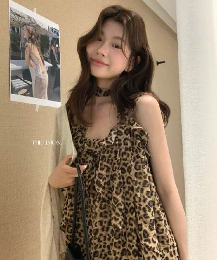 여름 새로운 레트로 레오파드 무늬 루즈핏 행침 목 리본 외출용 민소매 슬립 맨위 여성