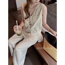 批发老钱风蕾丝镂空马甲阔腿裤两件套女2026春季休闲显瘦时尚亚麻套装