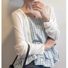 批发新款甜美气质<b class='q'>格子</b>吊带娃娃<b class='q'>衫</b>长袖开<b class='q'>衫</b>两件套女