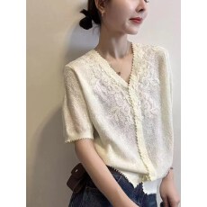 批发韩系钩花蕾丝花边齿轮边短袖V领<b class='q'>针织</b><b class='q'>开衫</b>女春夏新款高级洋气小衫