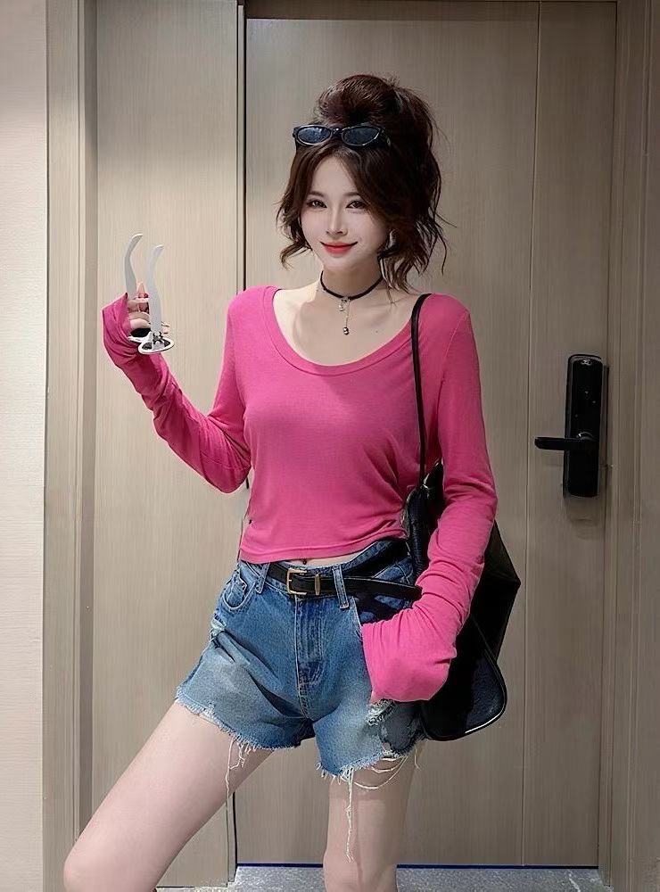 한 부서 도파민 바람 u 칼라 긴팔 티셔츠 여성 여름 얇은 스타일 몸매 가꾸기 슬림해 보이는 다용도 자외선 차단 블라우스 핫걸 맨위