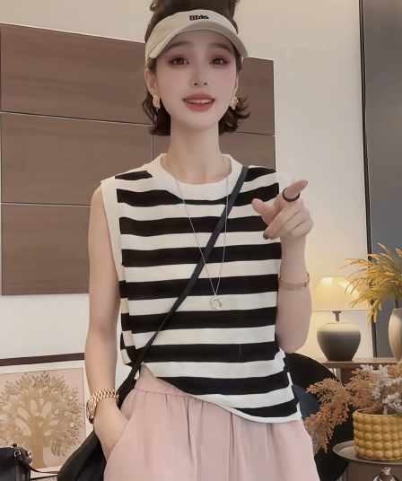 얇은 스타일 배색 스트라이프 라운드 넥 민소매 조끼 여성