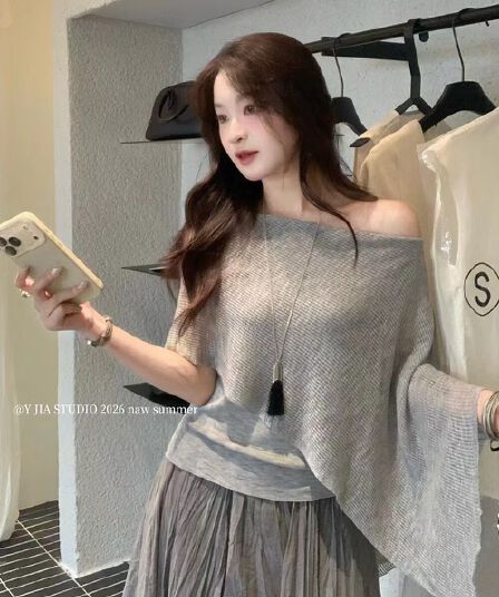 한 부서 느긋한 바람 느슨함 센스 작은 대중 불규칙 숄 스타일 루즈핏 니트 스웨터 맨위 여성