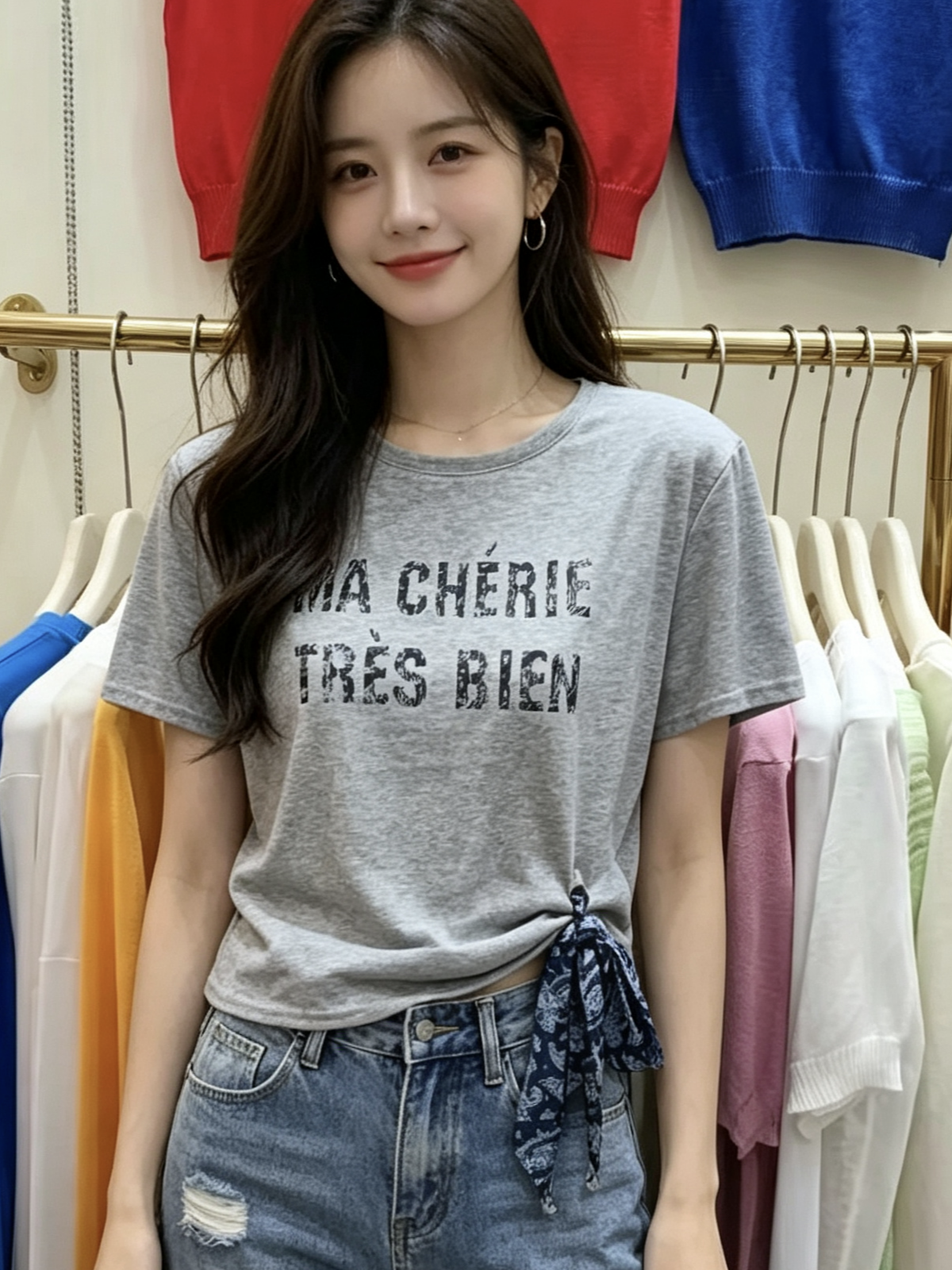 2026 년 여름 새로운 여성 불규칙 긍정적 인 어깨 알파벳 프린트 티셔츠 Chic 나비 레이스업 반팔 맨위