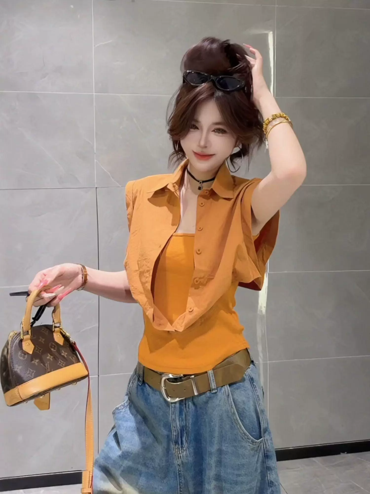 ccdz 여름 새로운 패션 다용도 한 부서 POLO 칼라 허리 수축 페이크 레이어드 불규칙 여성 셔츠