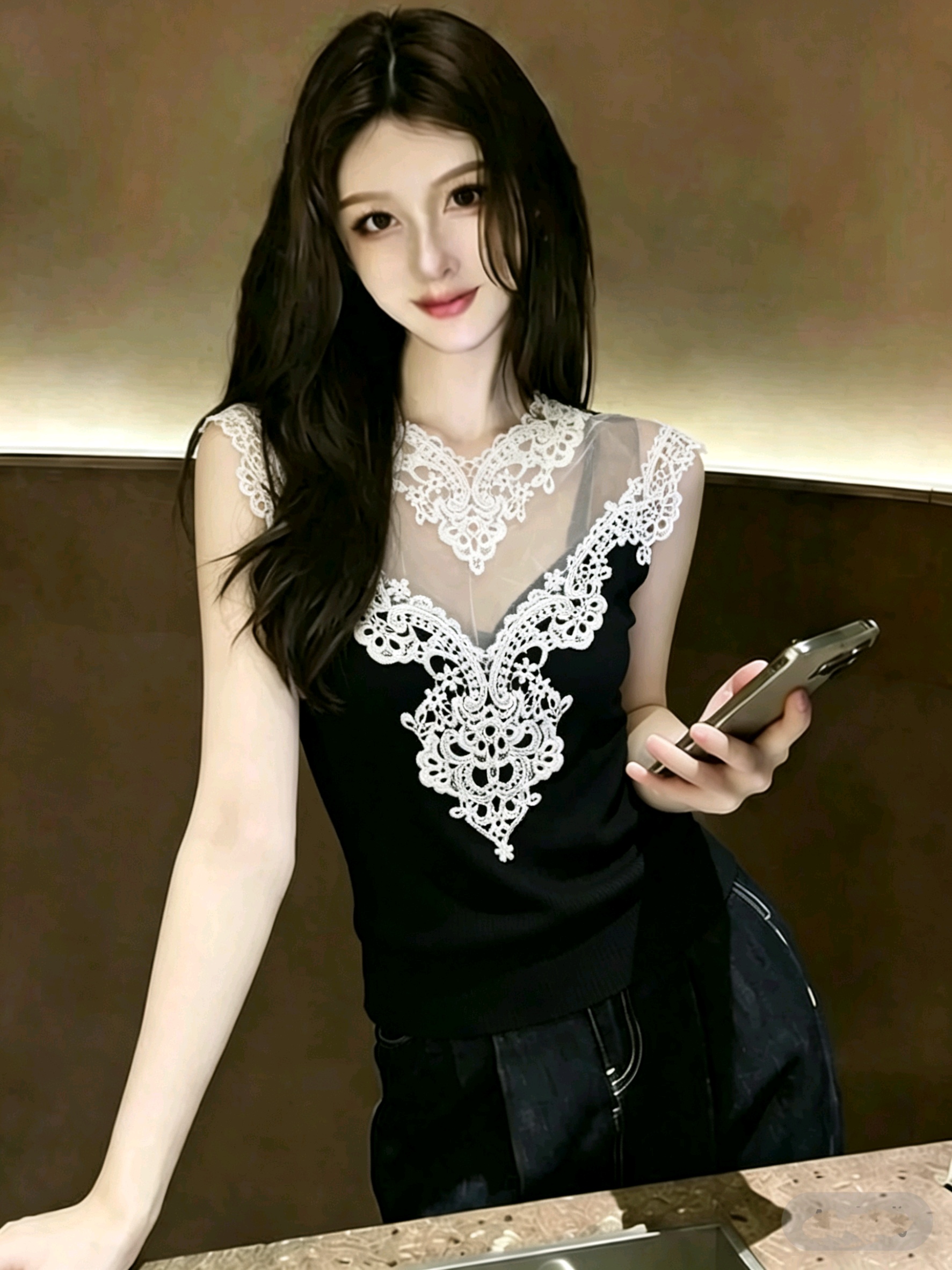 레이스 망사 패치워크 민소매 니트 조끼 여성 여름 새로운 디자인 센스 얇은 스타일 맨위