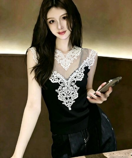 레이스 망사 패치워크 민소매 니트 조끼 여성 여름 새로운 디자인 센스 얇은 스타일 맨위