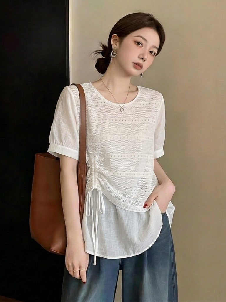 빅 사이즈 디자인 센스 펌프 로프 불규칙 패치워크 여성 셔츠 지방 mm 여름 유럽 상품 품격 페이크 레이어드 표지 고기 맨위