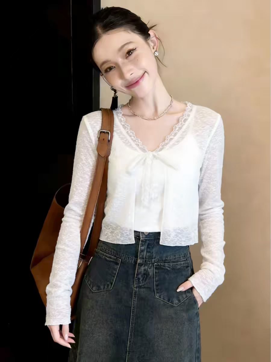 여름 얇은 스타일 화이트 레이스 오픈 가디건 자외선 차단 의류 여성 외부 가져 가라. 블라우스 경기 치마 쇼트 스타일 레이스업 V넥 작은 외투