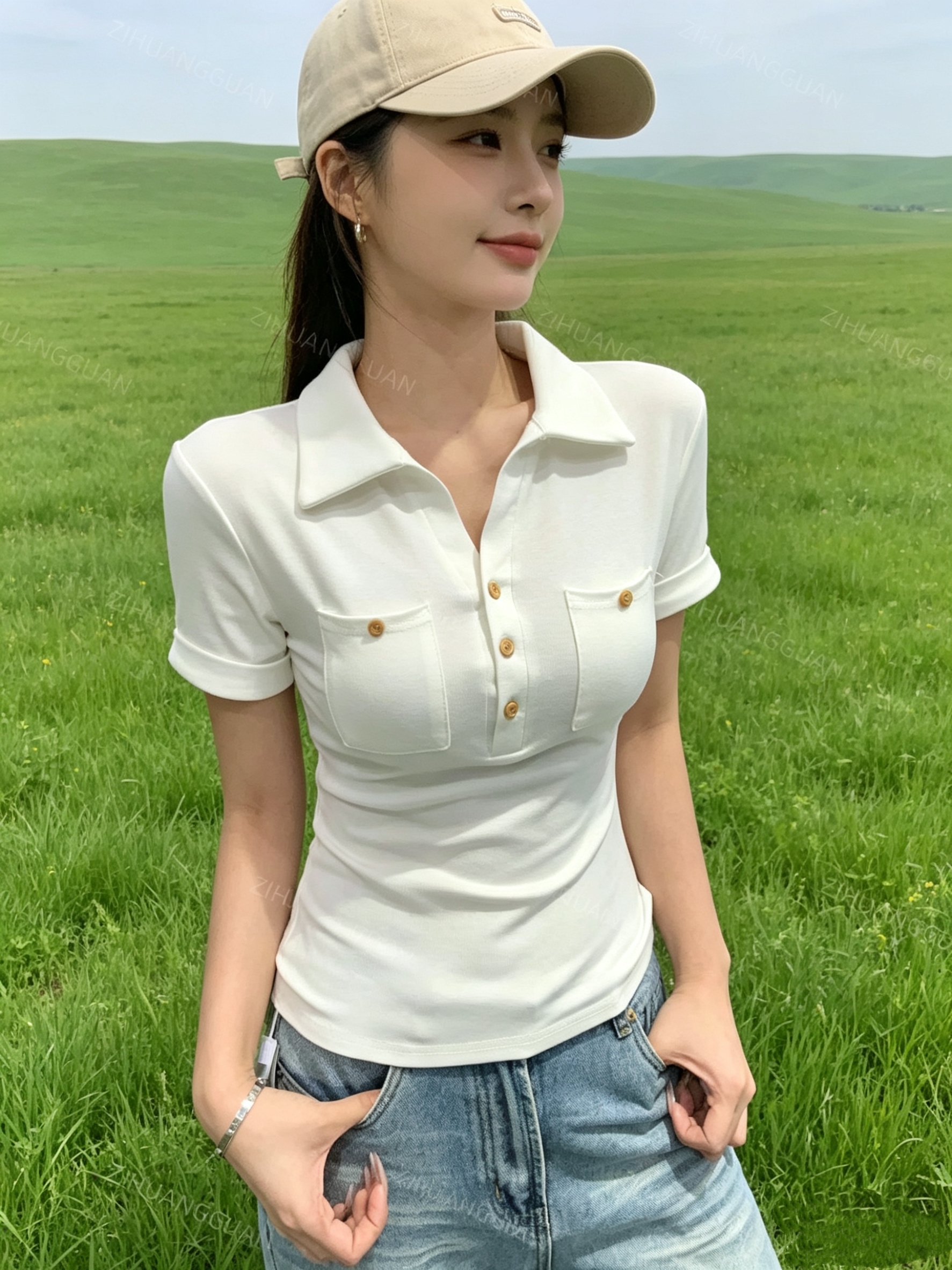 항구 바람 로얄 자매 반 개방 V넥 단추 반팔 티셔츠 여성 여름 레트로 품격 POLO 셔츠 반소매 동정 주머니 맨위