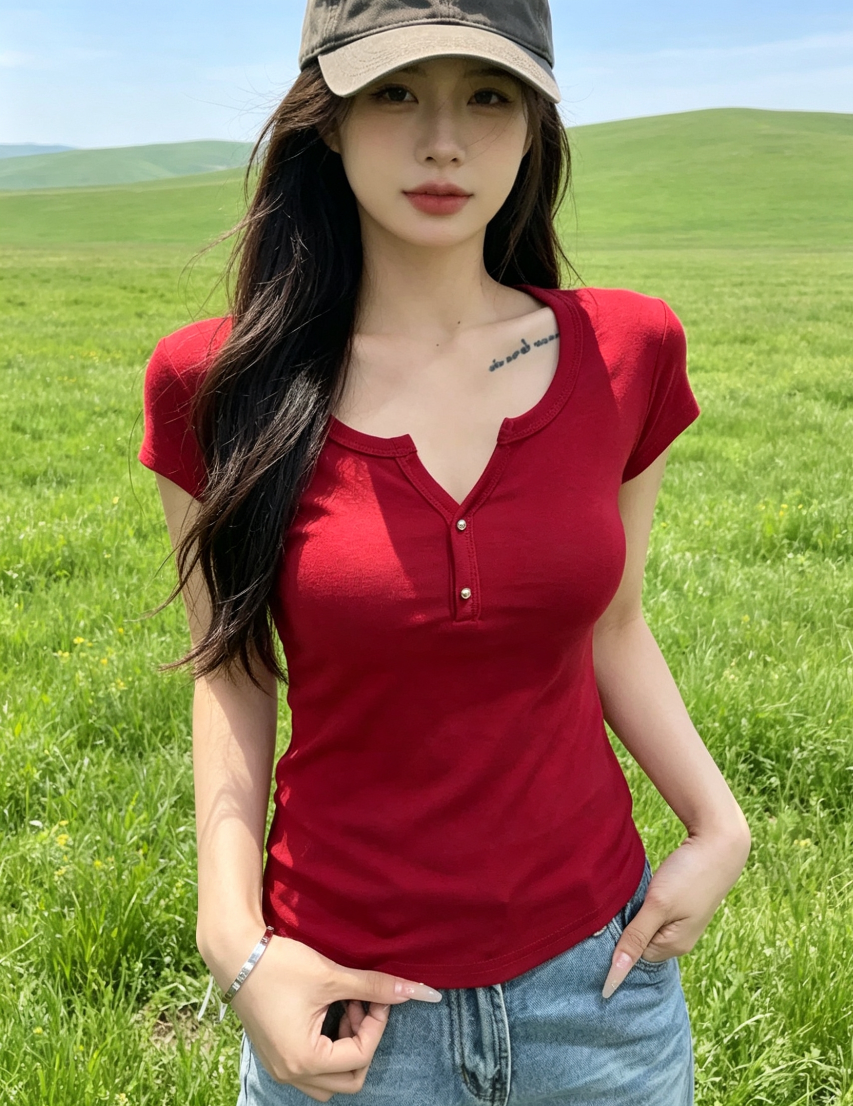 순수한 욕망 바람 빨간색 반팔 티셔츠 여성 여름 몸매 가꾸기 슬림해 보이는 쇼트 스타일 맨위