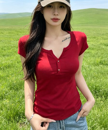 순수한 욕망 바람 빨간색 반팔 티셔츠 여성 여름 몸매 가꾸기 슬림해 보이는 쇼트 스타일 맨위
