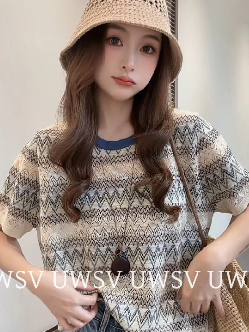 Annan uwsv 새로운 2026 여름 신선함 외국 가스 루즈핏 캐주얼 배색 여자 스트라이프 홀로우 아웃 니트 스웨터