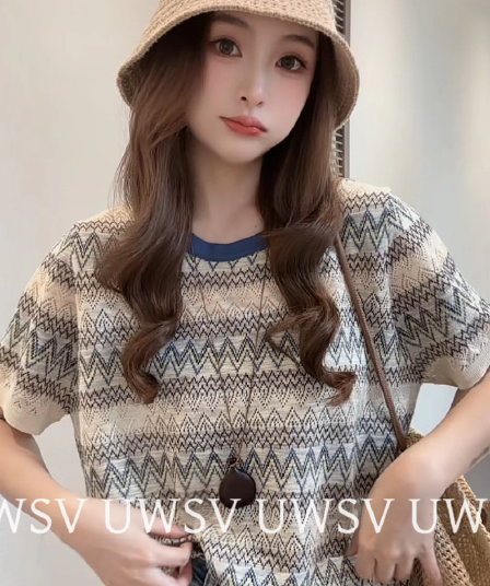 Annan uwsv 새로운 2026 여름 신선함 외국 가스 루즈핏 캐주얼 배색 여자 스트라이프 홀로우 아웃 니트 스웨터
