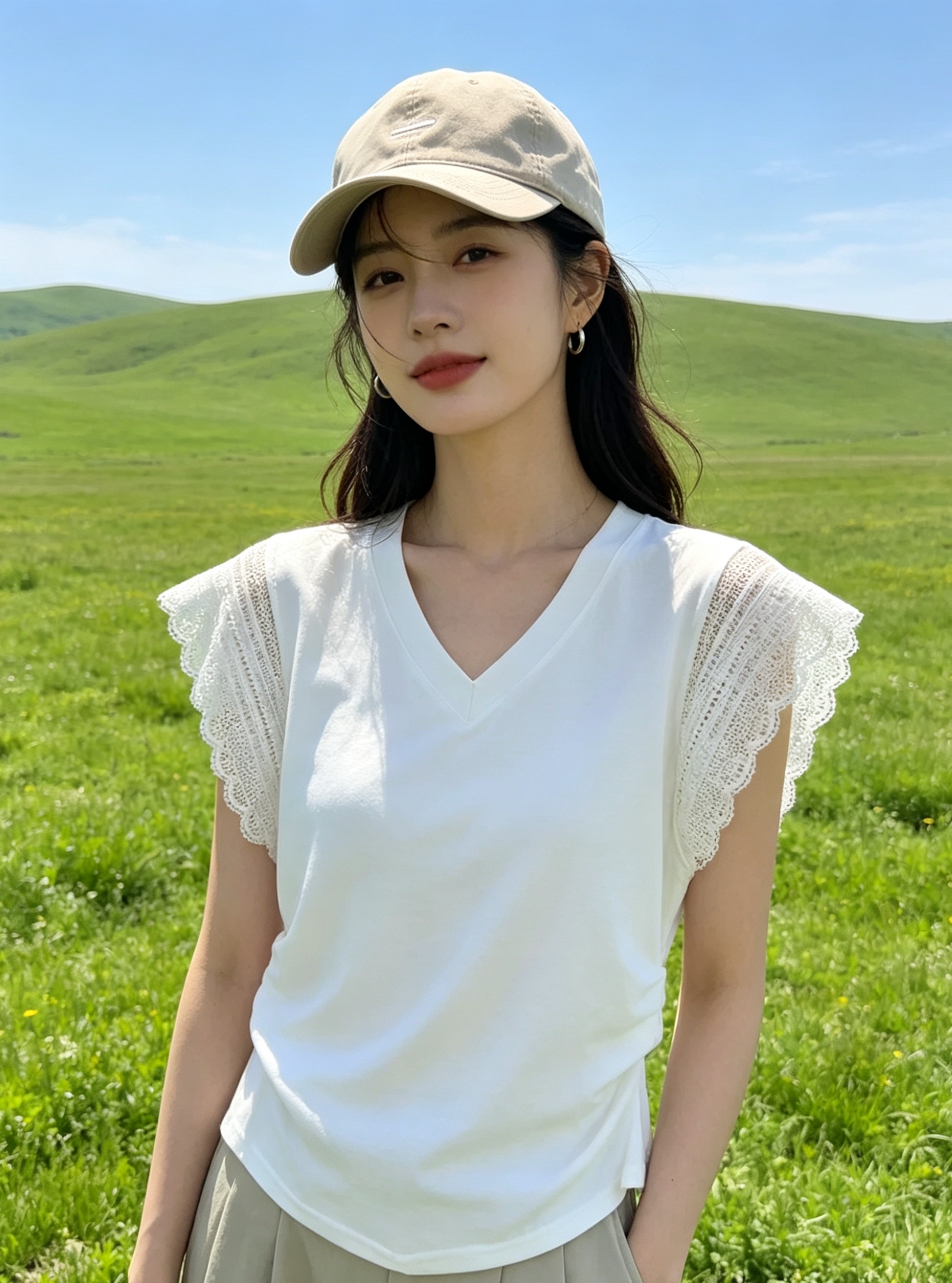 절묘한 레이스 레이스 날다 소매 맨위 2026 여름 섹션 새로운 허리 수축 디자인 센스 슬림해 보이는 V넥 티셔츠 여성