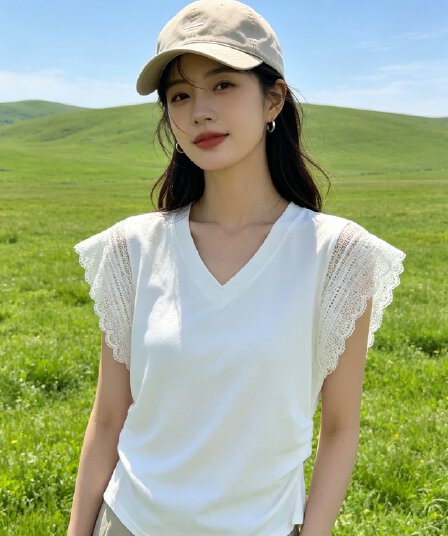 절묘한 레이스 레이스 날다 소매 맨위 2026 여름 섹션 새로운 허리 수축 디자인 센스 슬림해 보이는 V넥 티셔츠 여성