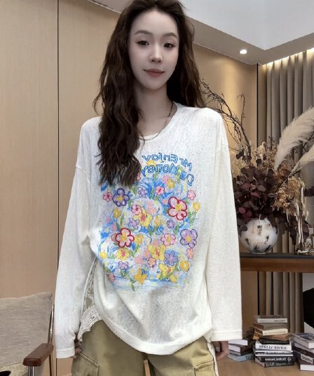 작은 조용한 잠시 낙서 꽃무늬 맨위 2026 봄 여름 새로운 다용도 긴팔 티셔츠