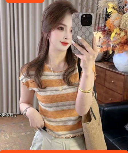 한 부서 달콤한 스타일 스트라이프 프릴 니트 스웨터 여성 다용도 맨위