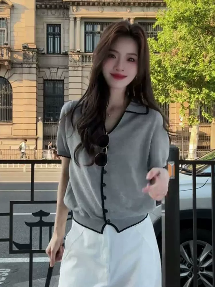 배색 폴로 칼라 반팔 니트 오픈 가디건 여성