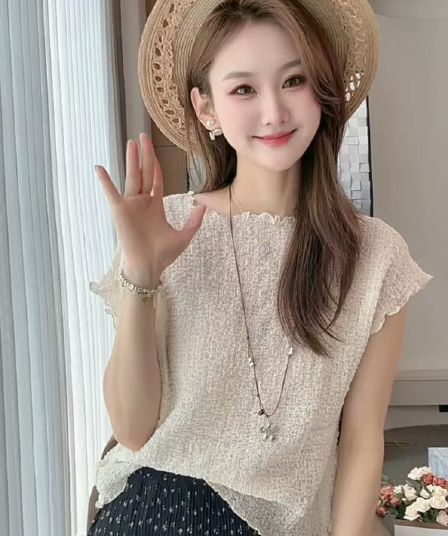 질감 센스 주름 반팔 티셔츠 여성