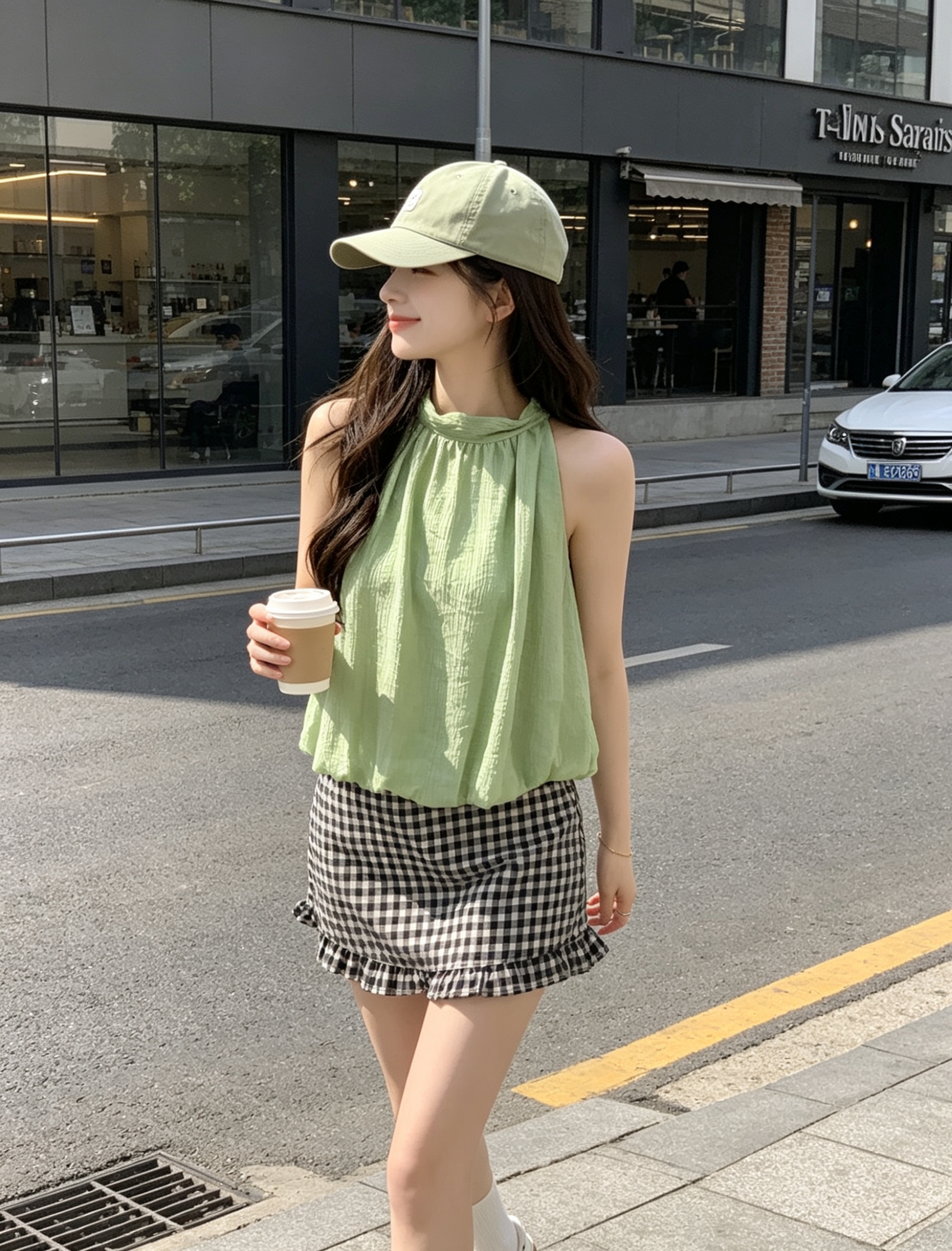 부드러운 바람 녹색 행침 목 민소매 조끼 여성 의류 여름 체크무늬 프릴 반신 스커트 투피스 세트