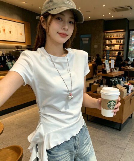 미니멀리즘 불규칙 프릴 긍정적 인 어깨 반팔 티셔츠 2026 년 여름 새로운 출퇴근 반팔 맨위