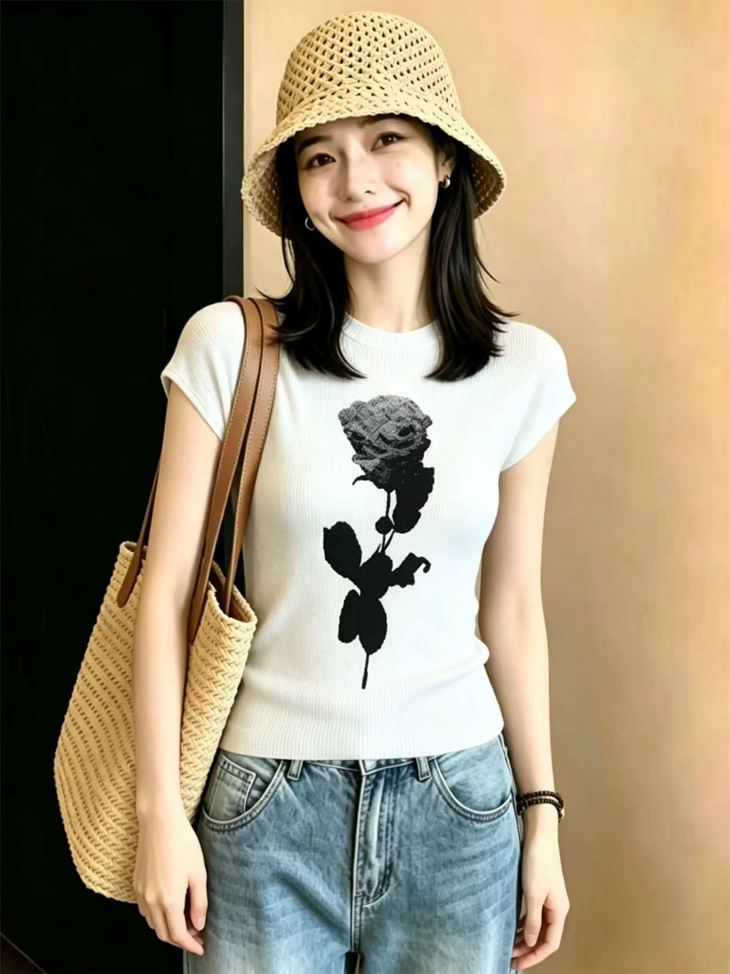 프랑스식 화이트 수묵화 꽃 작은 날다 소매 짠 셔츠 여성 셔츠 트렌디