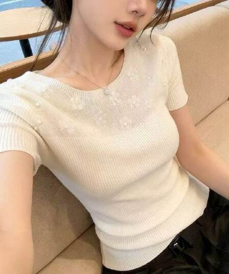 한 부서 라운드 넥 꽃 비즈 박기 반팔 털 니트 스웨터 여성