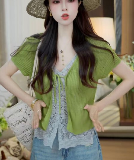 여름 홀로우 아웃 패치워크 V넥 레이스업 페이크 레이어드 니트 스웨터 여성용 짧은 소매 오픈 가디건 맨위