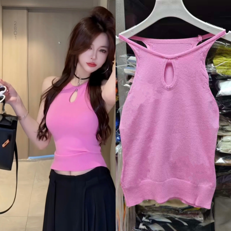 ccdz 여름 새로운 패션 다용도 디자인 센스 홀로우 아웃 행침 목 핫걸 슬립 니트 조끼 여성