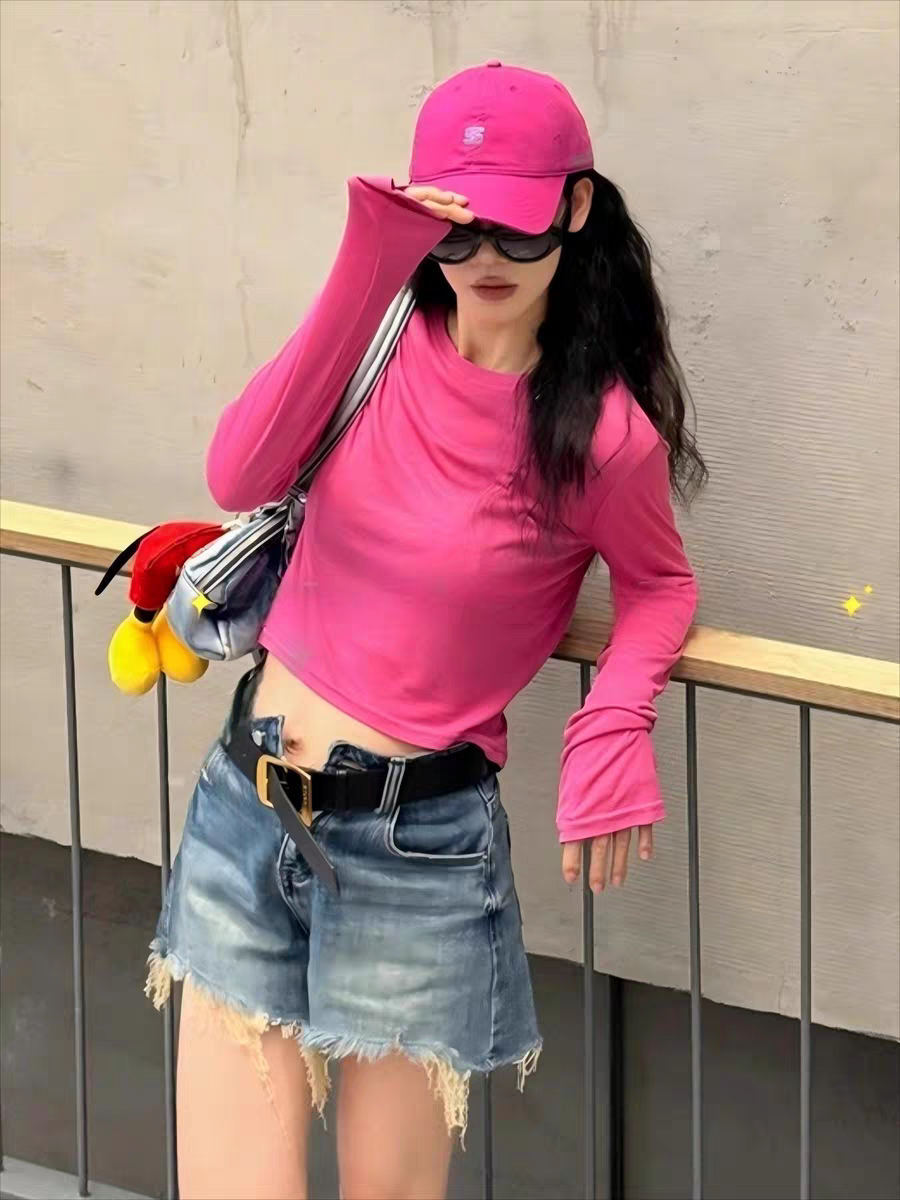 톰 글 래 원인 블루 작은 원 칼라 쇼트 스타일 없음 어깨 패드 자외선 차단 블라우스 티셔츠 여성 여름 얇은 스타일 긴팔 기본 셔츠 맨위