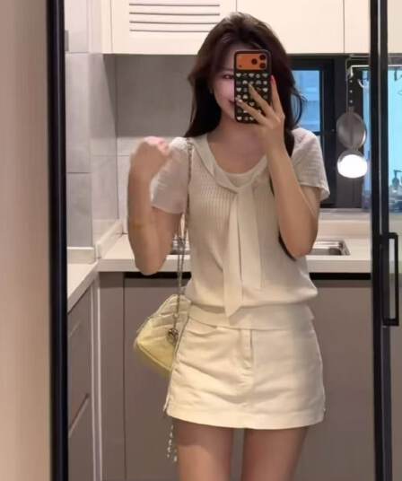 학원 스타일 파란색 페이크 레이어드 숄 반팔 얼음 실크 니트 스웨터 여성 여름 맨위