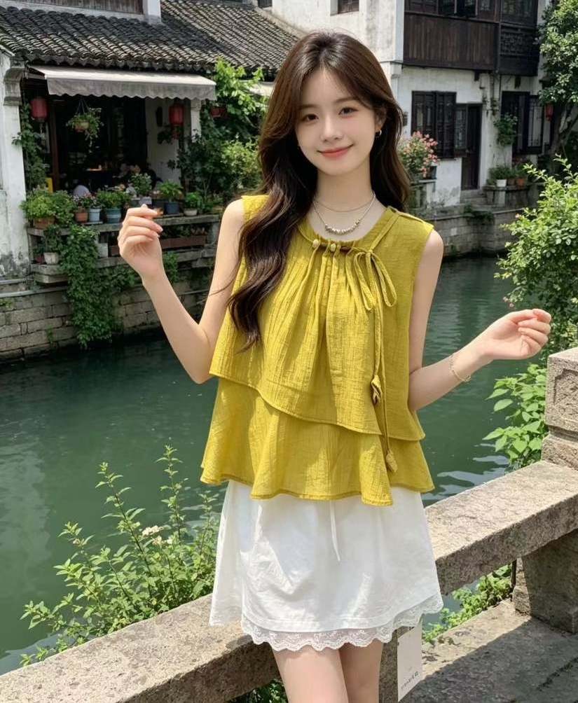 도파민 황색 불규칙 티셔츠 여성 여름 2026 새로운 고급 센스 외출용 민소매 맨위