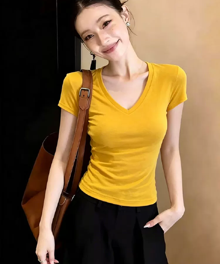 순수한 욕망 바람 V넥 반팔 티셔츠 여성 만나는 맨위
