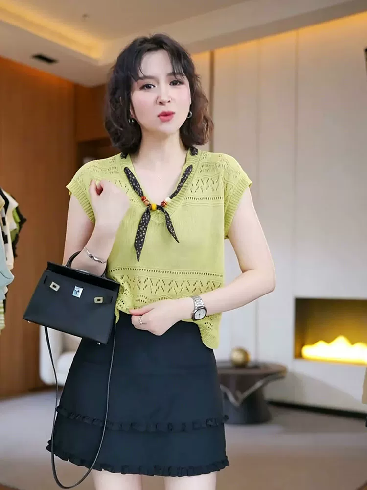 빛 요리 한 바람 스카프 레이스업 V넥 홀로우 아웃 니트 스웨터 여성 민소매 여성 셔츠