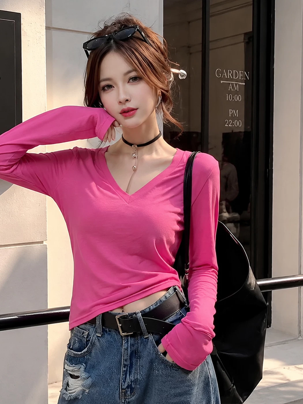 V넥 단색 긴팔 티셔츠 여성 2026 여름 새로운 자외선 차단 품격 맨위