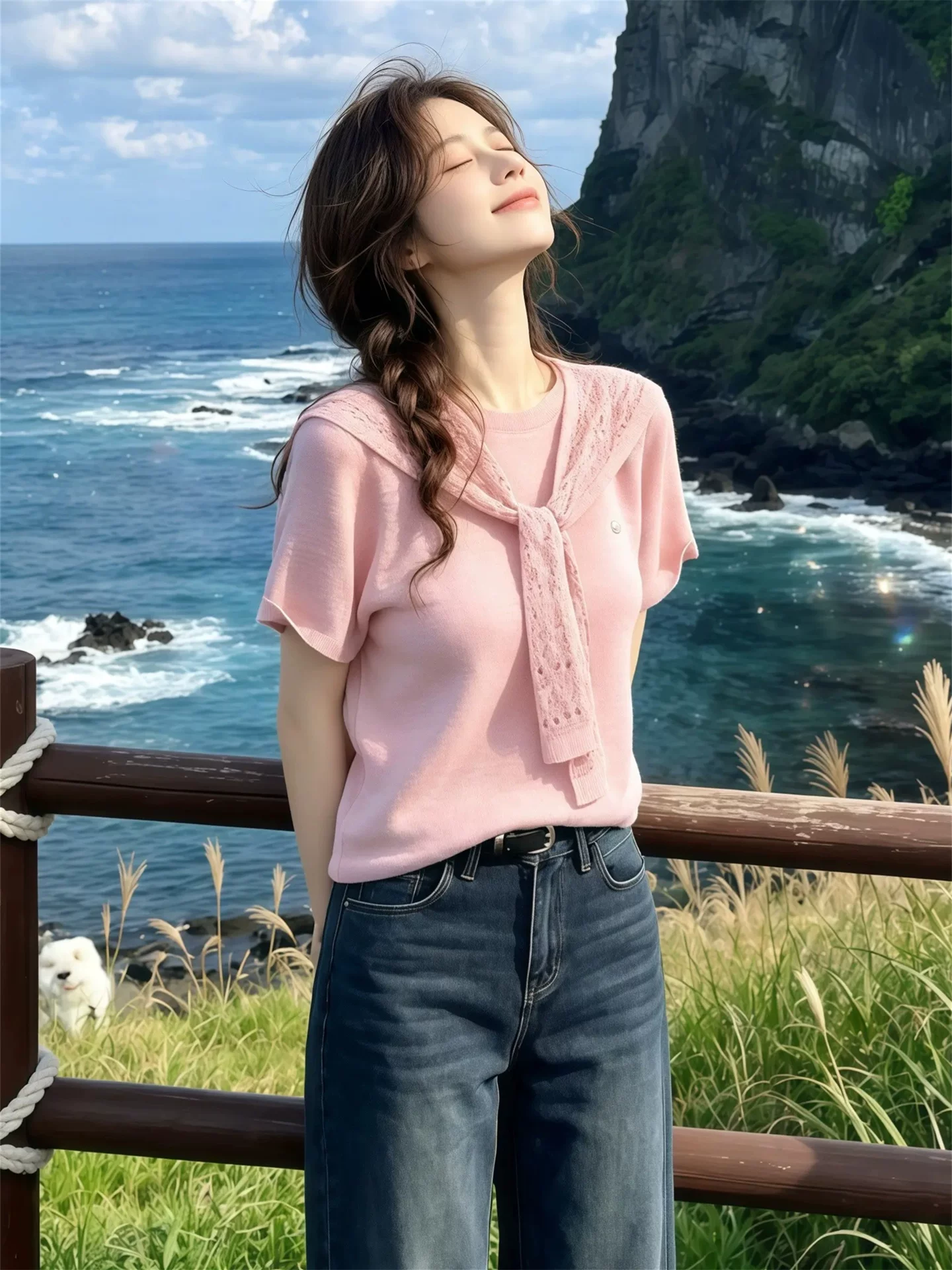 핑크색 홀로우 아웃 숄 라운드 넥 미니멀리즘 반팔 티셔츠 여성 2026 여름 한 부서 달콤함 캐주얼 고급 센스 맨위