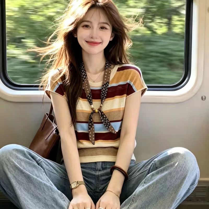 레트로 스트라이프 스카프 레이스업 Feifei 소매 짠 셔츠 여성 여름 디자인 센스 Chic 맨위