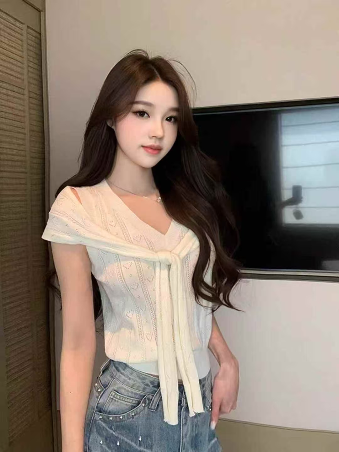 치우 고기 야오 봄날 crush 캐주얼 바람 포함 양모 V넥 니트 조끼 숄 두 조각 여성 세트 여름