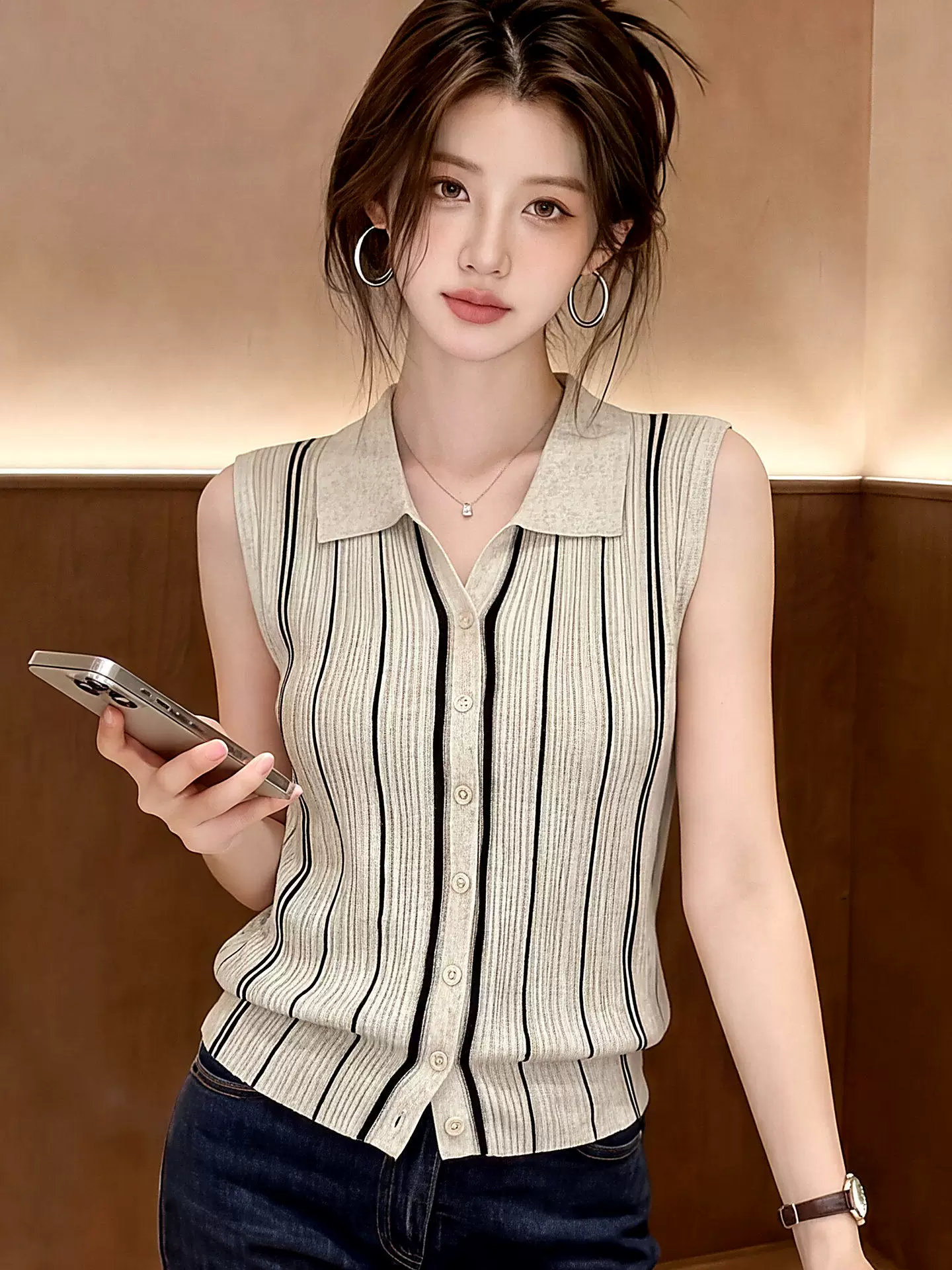 오래된 돈 바람 폴로 칼라 스트라이프 니트 조끼 여성 2026 여름 새로운 얇은 스타일 민소매 외부 가져 가라. 프로 피부 통기성 맨위