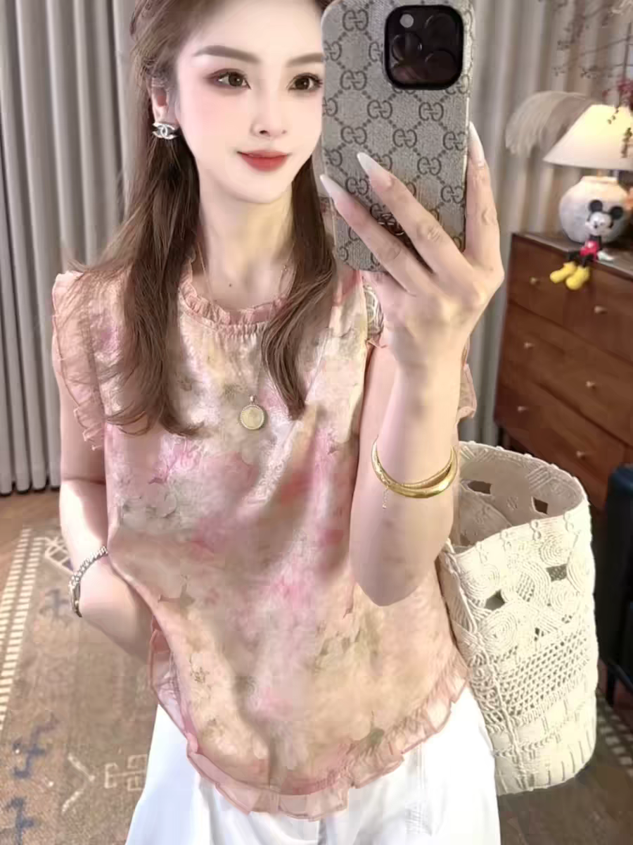 프랑스식 달콤한 스타일 꽃무늬 프릴 민소매 여성 셔츠 여름 새로운 루즈핏 슬림해 보이는 연령 감소 인형 셔츠 맨위