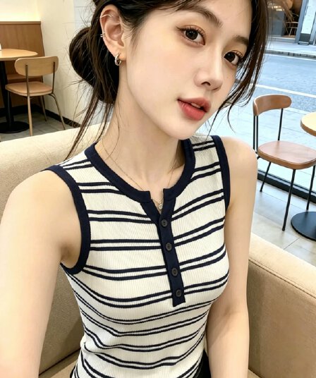 2026 새로운 라운드 넥 스트라이프 배색 조끼 니트 스웨터 여성