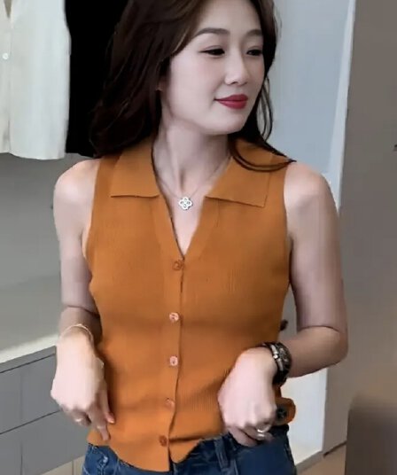 POLO 칼라 민소매 주황색 니트 조끼 여성 여름