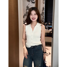 批发韩系chic别致polo领无袖针织背心女