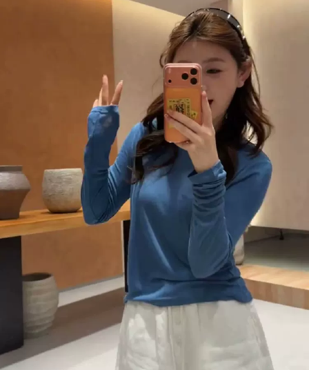 한 부서 디자인 센스 라운드 넥 자외선 차단 긴팔 티셔츠 여성 블라우스 맨위