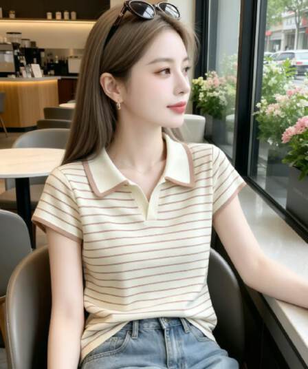 배색 스트라이프 폴로 칼라 긍정적 인 어깨 반팔 티셔츠 여성