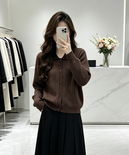 브라운 POLO 칼라 구덩이 기사 니트 오픈 가디건 스웨터 맨위 여성