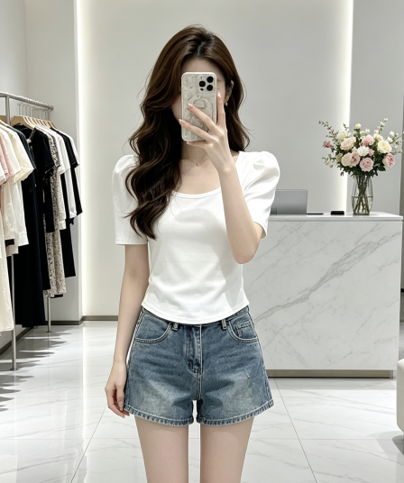 프랑스식 달콤함 u 칼라 긍정적 인 어깨 거품 소매 티셔츠 여성 2026 여름 새로운 캐주얼 작은 키 슬림해 보이는 다용도 맨위