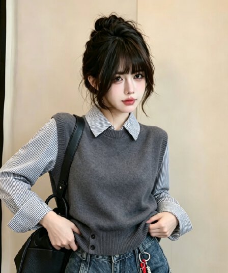 베이지 색 페이크 레이어드 셔츠 칼라 스트라이프 패치워크 니트 스웨터 스웨터 여자 2026 새로운 가을 착용 잡아라. 의류